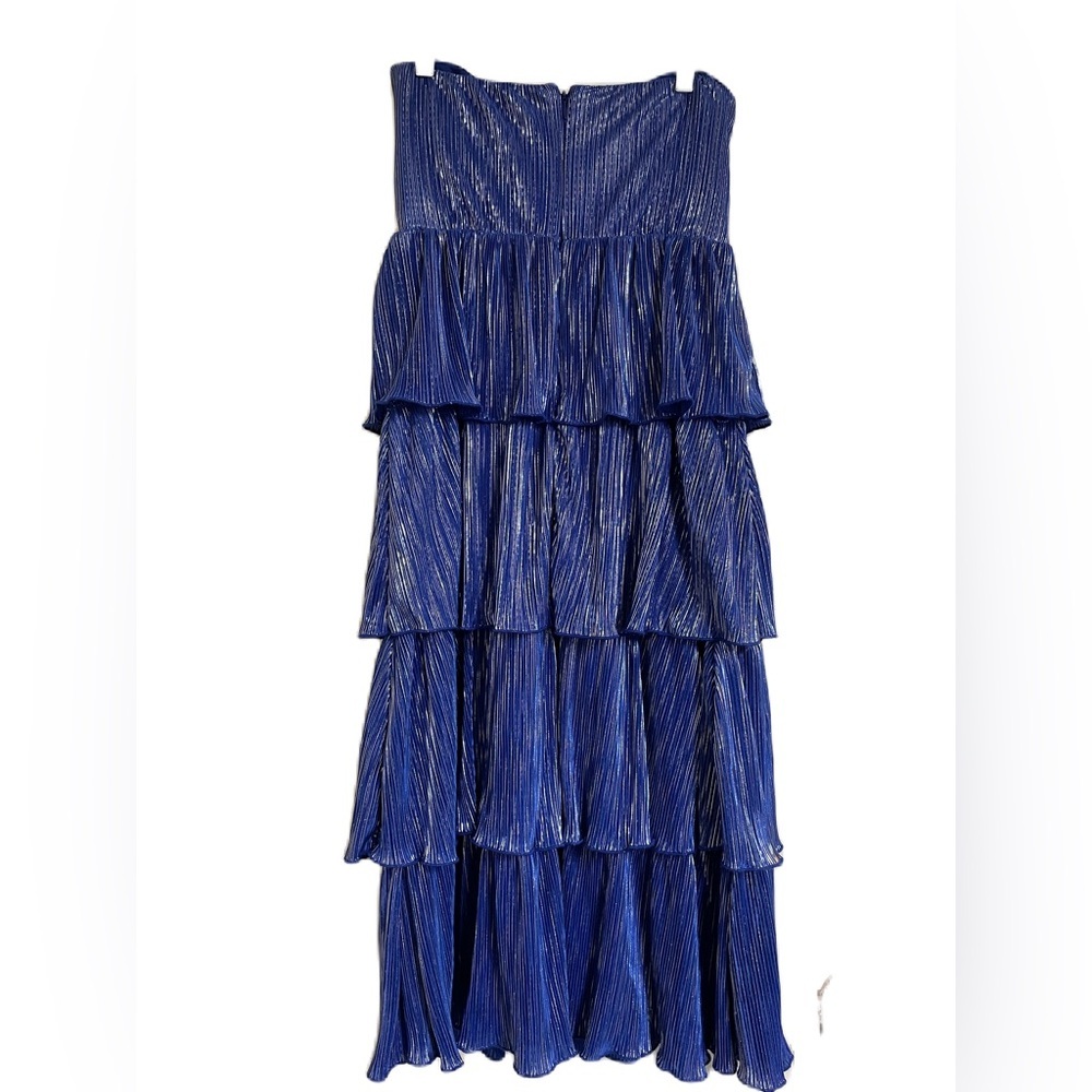 LOVERS + FRIENDS Mya Strapless Tiered Midi Dress Blue Metallic | Wedding Guest - Picture 4 of 11